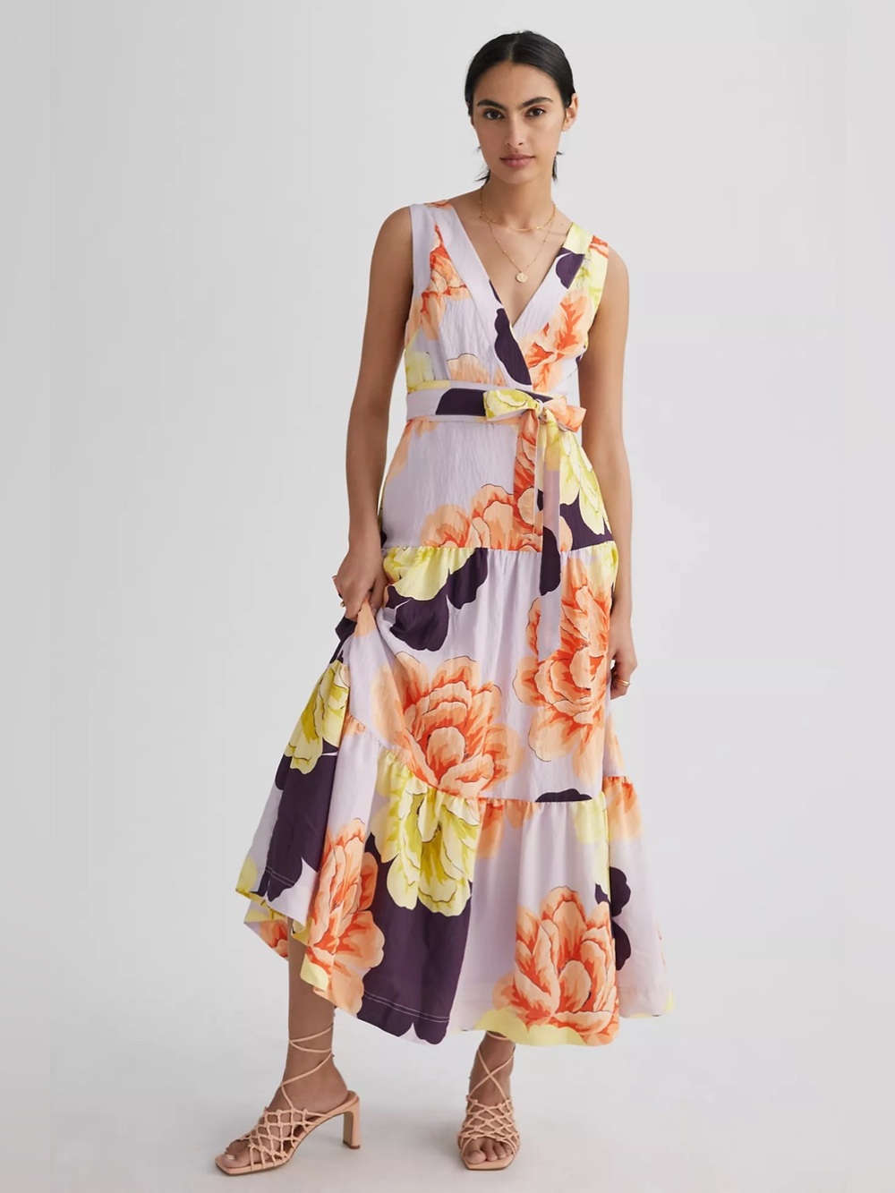 Anthropologie Maeve Floral Wrap Maxi Dress Size 2 Purple Yellow Orange Faux Wrap